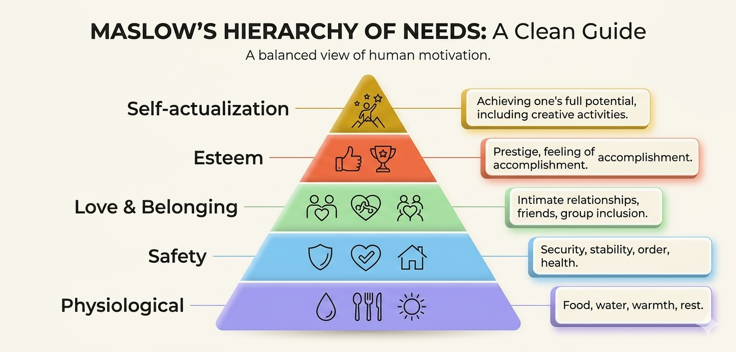 Maslow's hierarchy of needs showing five levels from physiological needs at the base to self-actualization at the top